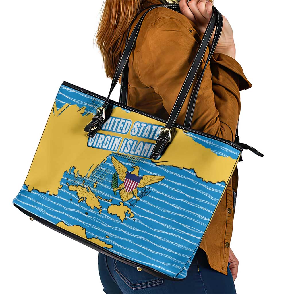 United States Virgin Islands Leather Tote Bag with Blue Yellow Ocean Design and Eagle Map Pattern - Wonder Print Shop