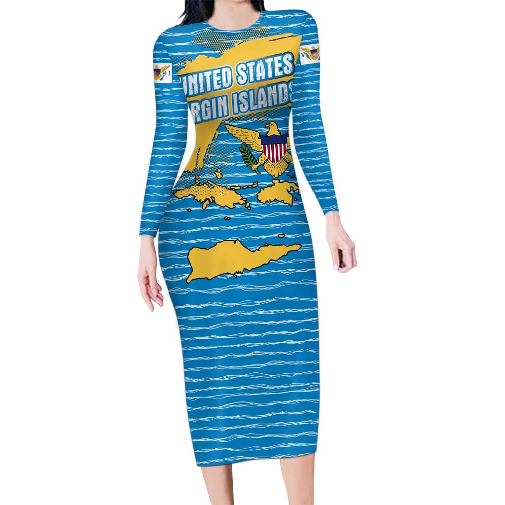United States Virgin Islands Long Sleeve Bodycon Dress with Blue Yellow Ocean Design and Eagle Map Pattern - Wonder Print Shop