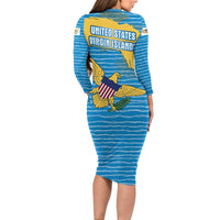 United States Virgin Islands Long Sleeve Bodycon Dress with Blue Yellow Ocean Design and Eagle Map Pattern - Wonder Print Shop