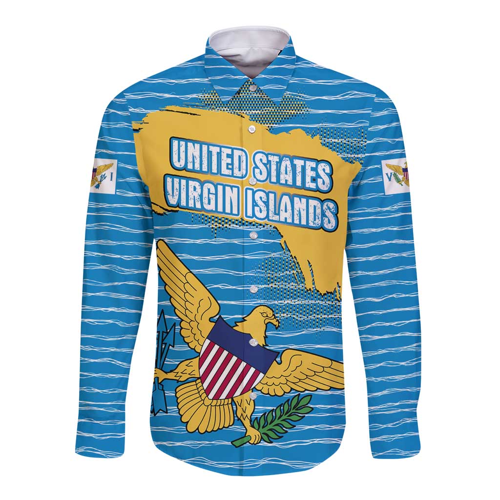 United States Virgin Islands Long Sleeve Button Shirt with Blue Yellow Ocean Design and Eagle Map Pattern - Wonder Print Shop