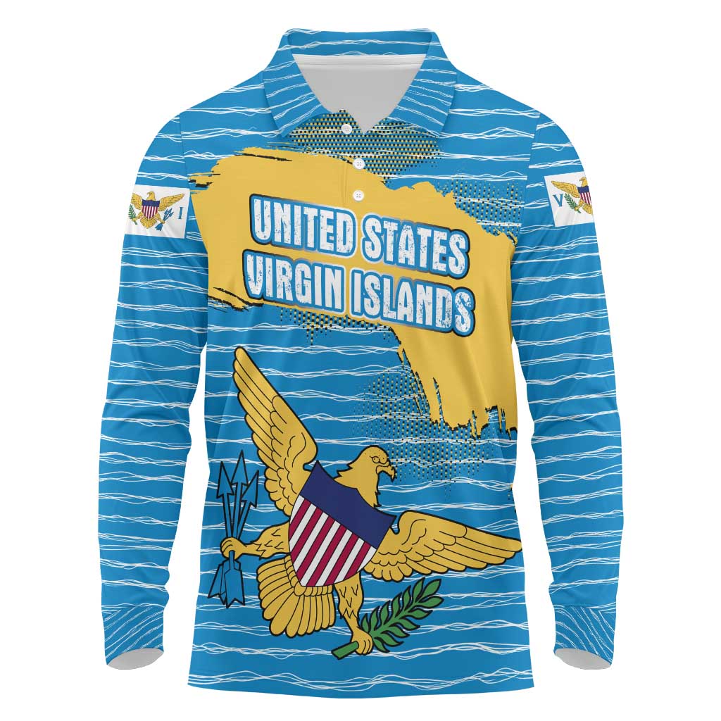 United States Virgin Islands Long Sleeve Polo Shirt with Blue Yellow Ocean Design and Eagle Map Pattern - Wonder Print Shop