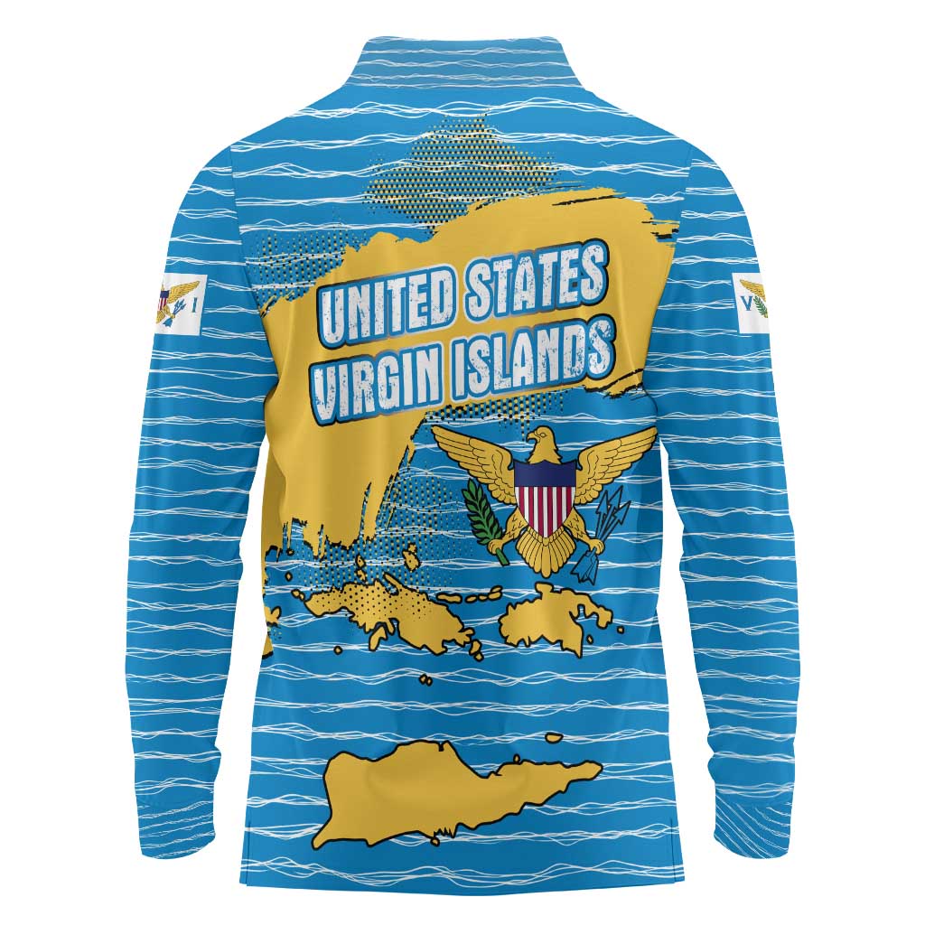 United States Virgin Islands Long Sleeve Polo Shirt with Blue Yellow Ocean Design and Eagle Map Pattern - Wonder Print Shop