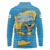 United States Virgin Islands Long Sleeve Polo Shirt with Blue Yellow Ocean Design and Eagle Map Pattern - Wonder Print Shop