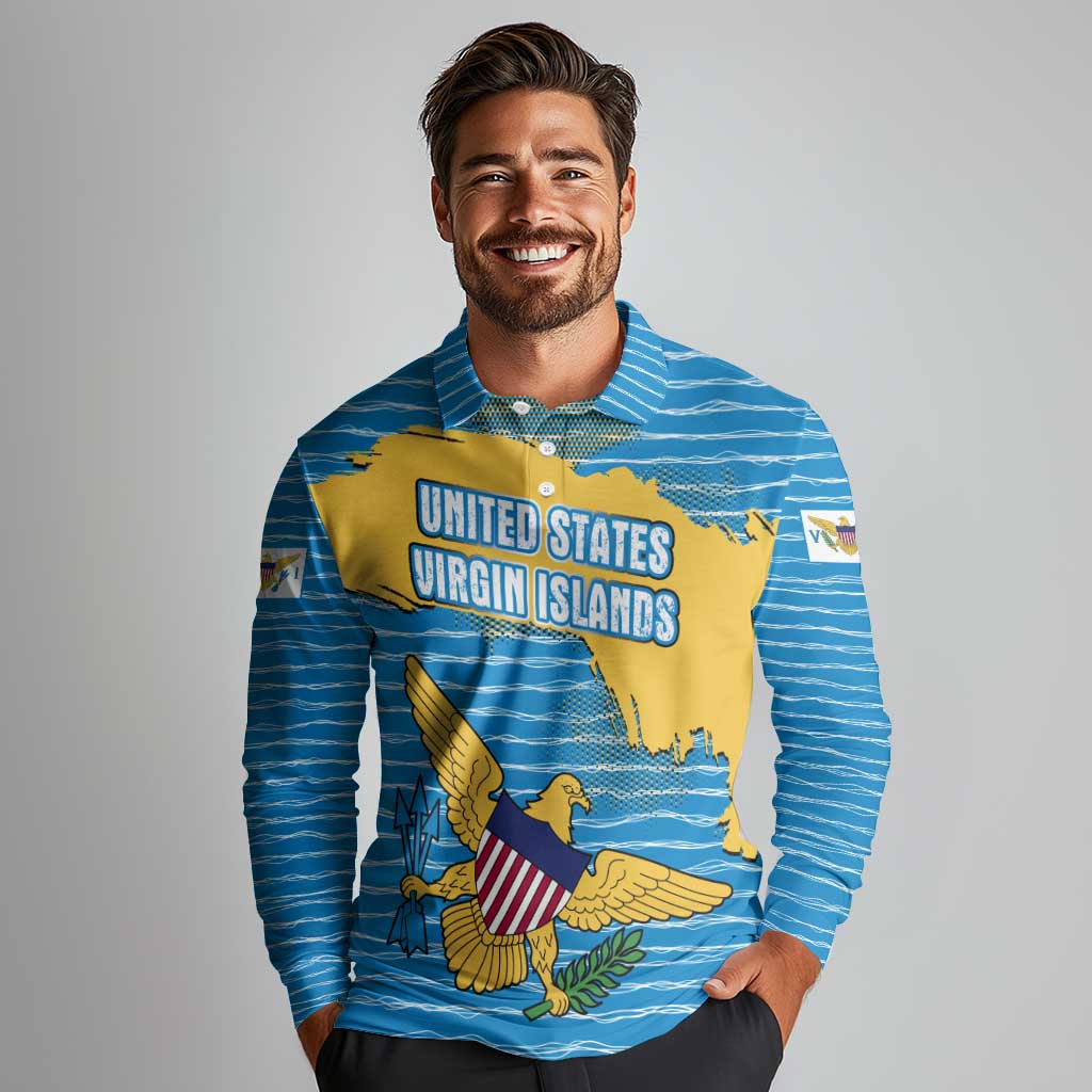 United States Virgin Islands Long Sleeve Polo Shirt with Blue Yellow Ocean Design and Eagle Map Pattern - Wonder Print Shop