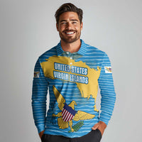 United States Virgin Islands Long Sleeve Polo Shirt with Blue Yellow Ocean Design and Eagle Map Pattern - Wonder Print Shop