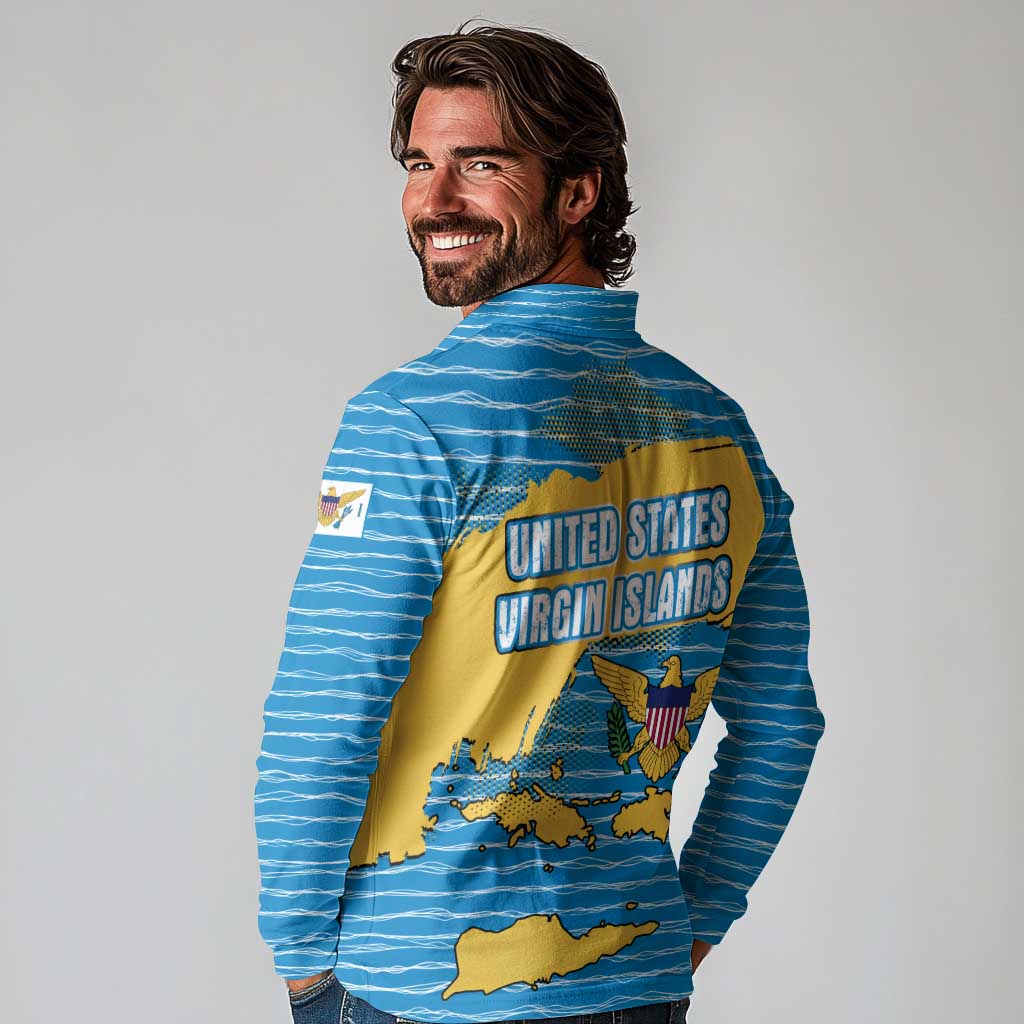 United States Virgin Islands Long Sleeve Polo Shirt with Blue Yellow Ocean Design and Eagle Map Pattern - Wonder Print Shop