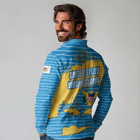 United States Virgin Islands Long Sleeve Polo Shirt with Blue Yellow Ocean Design and Eagle Map Pattern - Wonder Print Shop