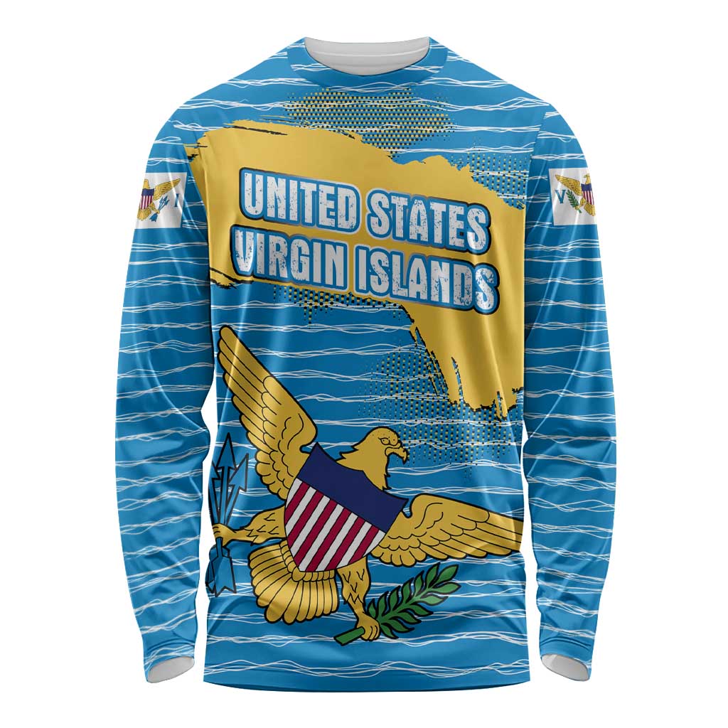 United States Virgin Islands Long Sleeve Shirt with Blue Yellow Ocean Design and Eagle Map Pattern - Wonder Print Shop