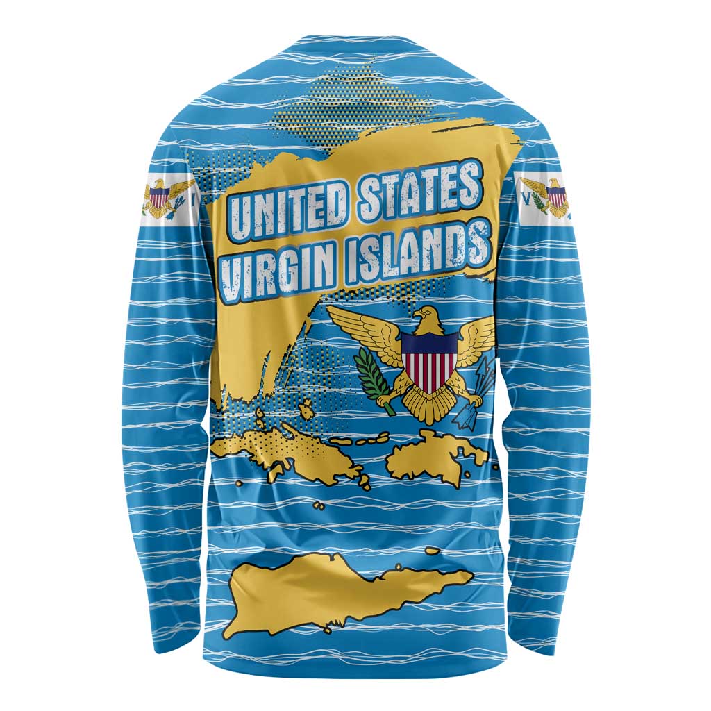 United States Virgin Islands Long Sleeve Shirt with Blue Yellow Ocean Design and Eagle Map Pattern - Wonder Print Shop