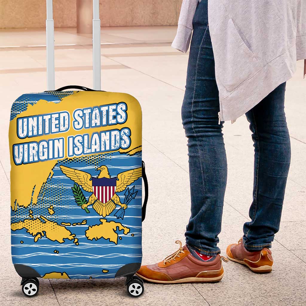 United States Virgin Islands Luggage Cover with Blue Yellow Ocean Design and Eagle Map Pattern - Wonder Print Shop