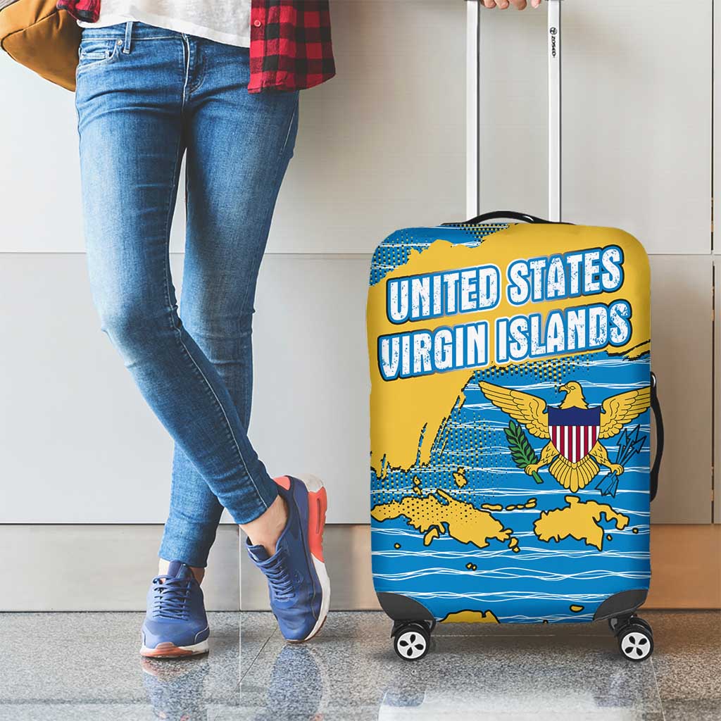 United States Virgin Islands Luggage Cover with Blue Yellow Ocean Design and Eagle Map Pattern - Wonder Print Shop