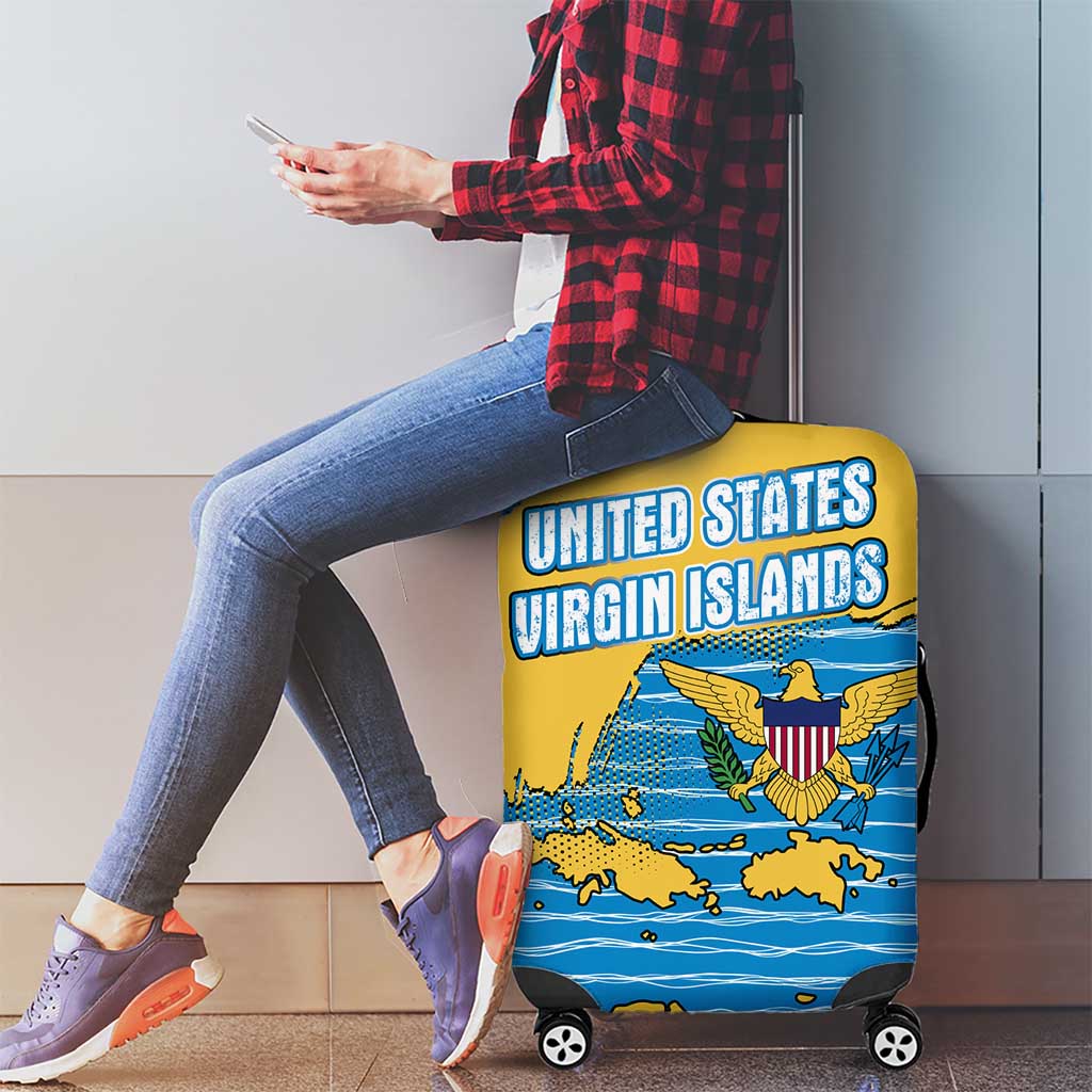 United States Virgin Islands Luggage Cover with Blue Yellow Ocean Design and Eagle Map Pattern - Wonder Print Shop