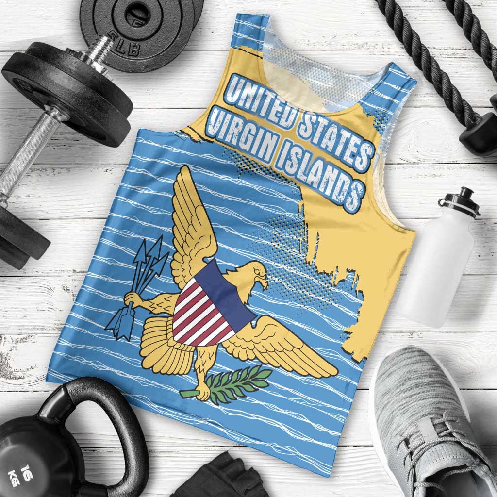United States Virgin Islands Men Tank Top with Blue Yellow Ocean Design and Eagle Map Pattern - Wonder Print Shop