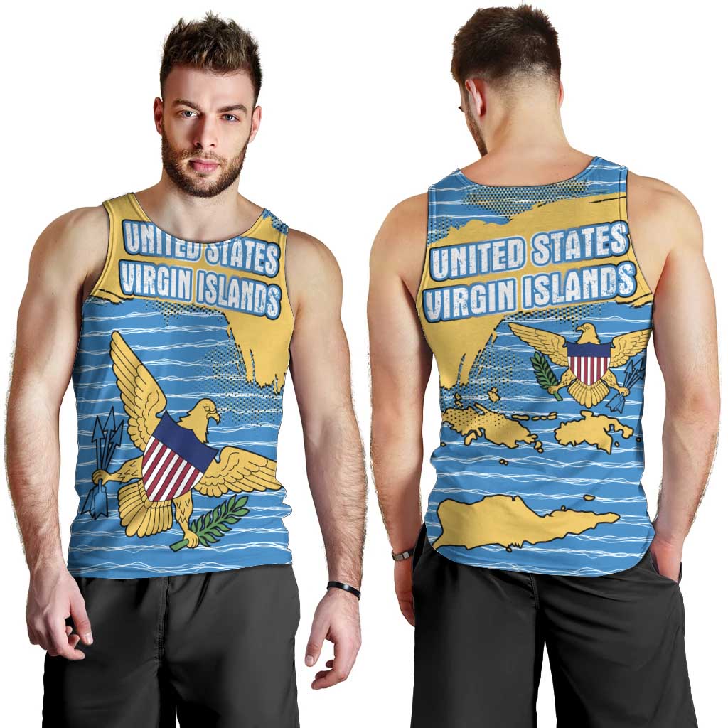 United States Virgin Islands Men Tank Top with Blue Yellow Ocean Design and Eagle Map Pattern - Wonder Print Shop