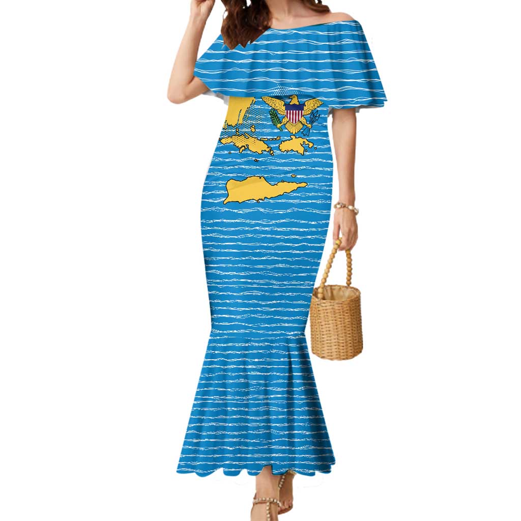 United States Virgin Islands Mermaid Dress with Blue Yellow Ocean Design and Eagle Map Pattern - Wonder Print Shop