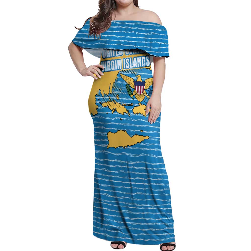 United States Virgin Islands Off Shoulder Maxi Dress with Blue Yellow Ocean Design and Eagle Map Pattern - Wonder Print Shop