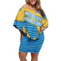 United States Virgin Islands Off Shoulder Short Dress with Blue Yellow Ocean Design and Eagle Map Pattern - Wonder Print Shop