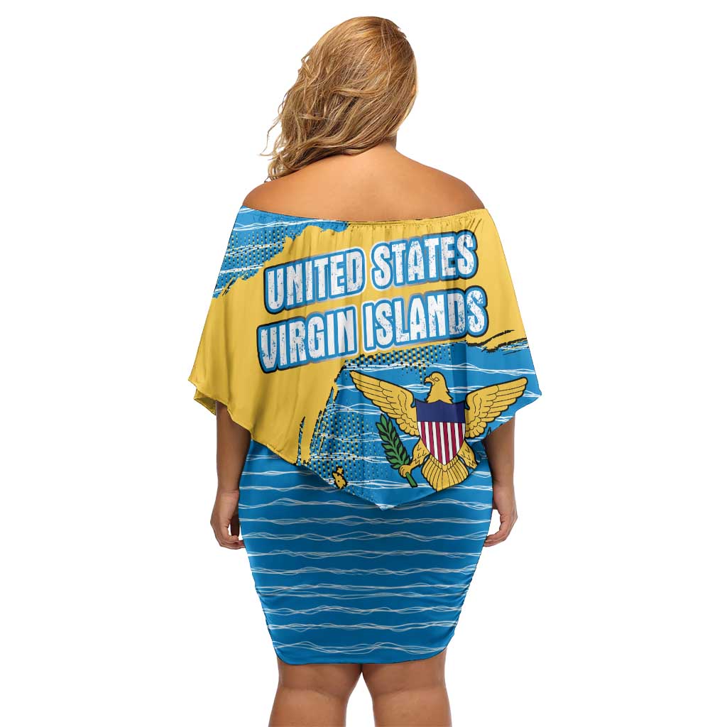 United States Virgin Islands Off Shoulder Short Dress with Blue Yellow Ocean Design and Eagle Map Pattern - Wonder Print Shop