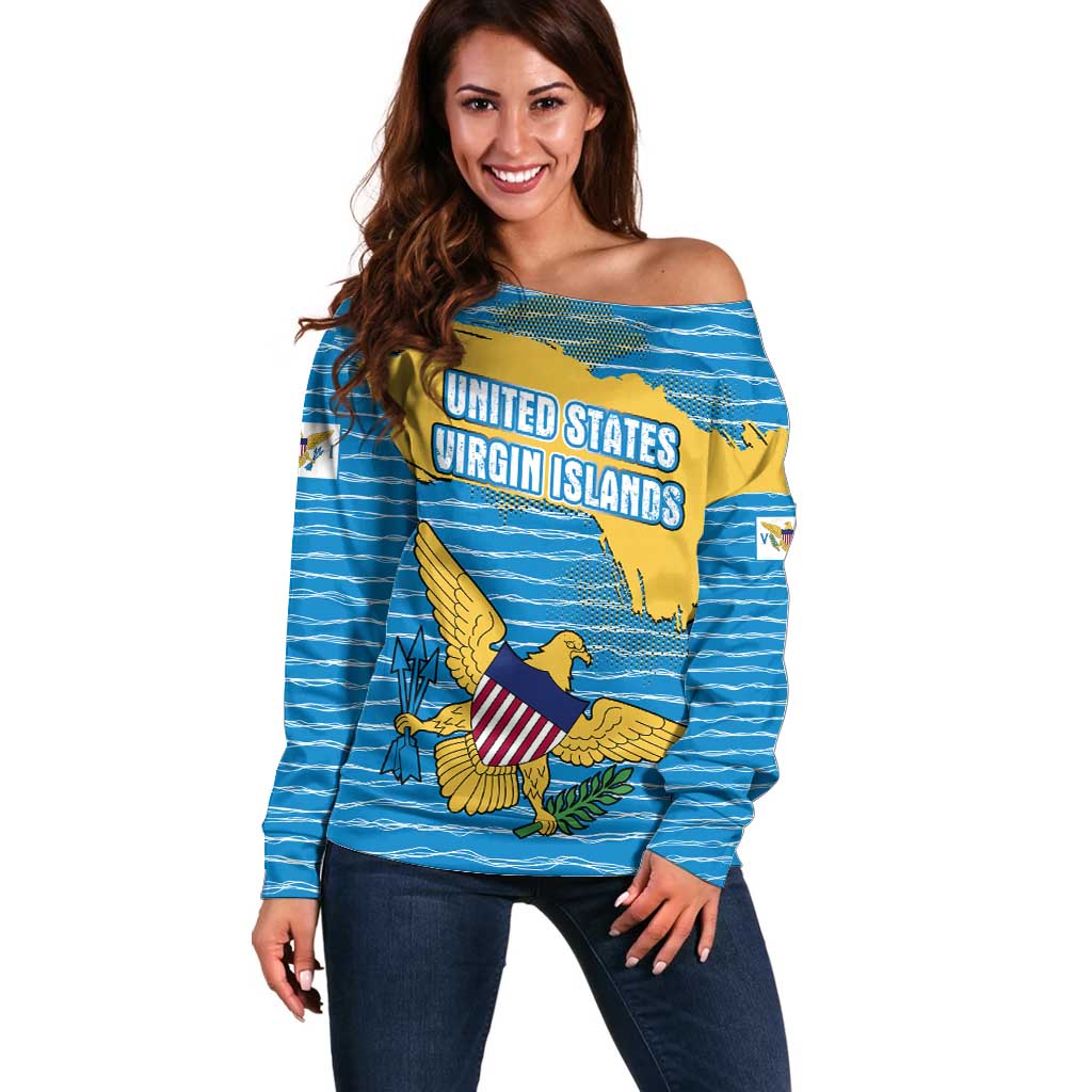 United States Virgin Islands Off Shoulder Sweater with Blue Yellow Ocean Design and Eagle Map Pattern - Wonder Print Shop