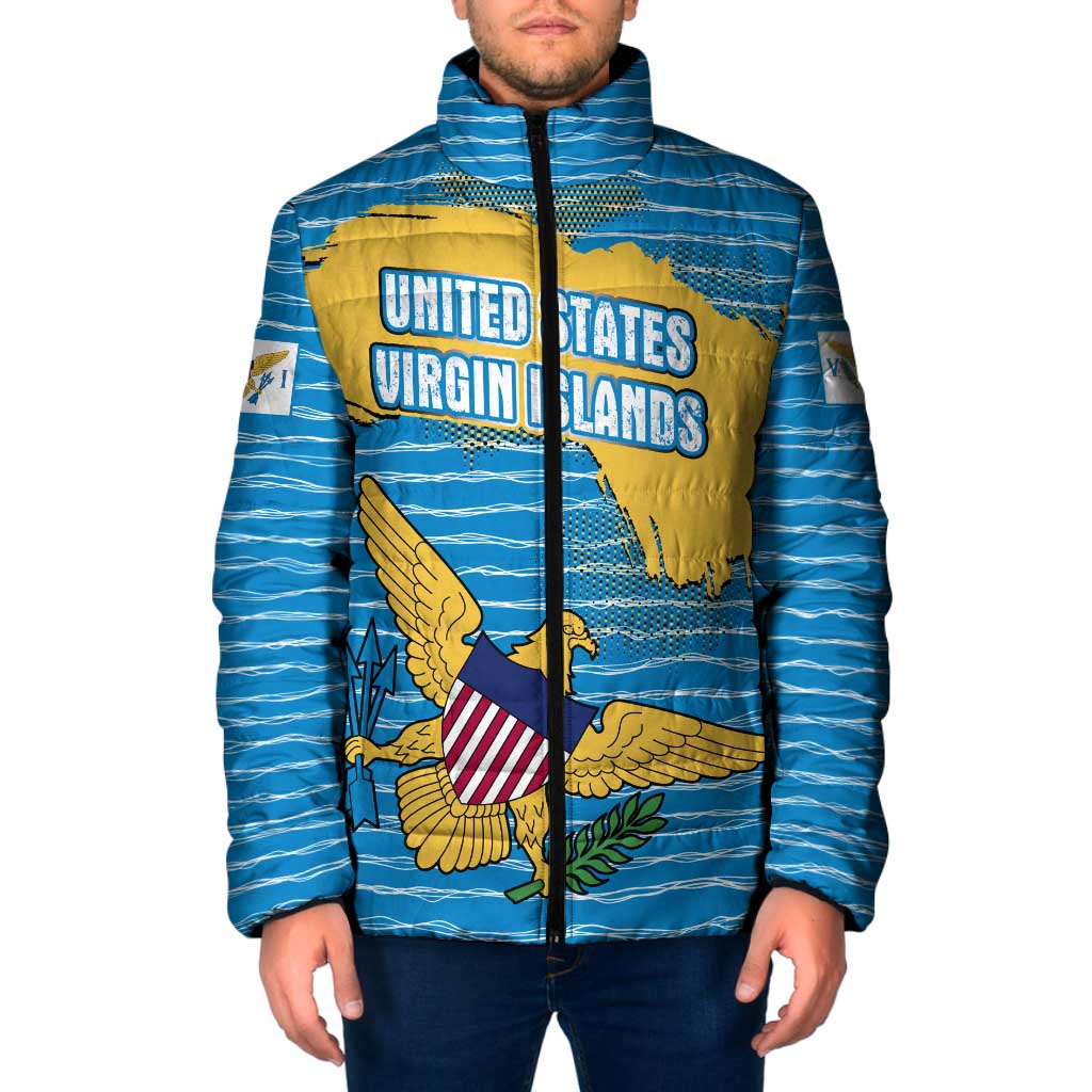 United States Virgin Islands Padded Jacket with Blue Yellow Ocean Design and Eagle Map Pattern - Wonder Print Shop