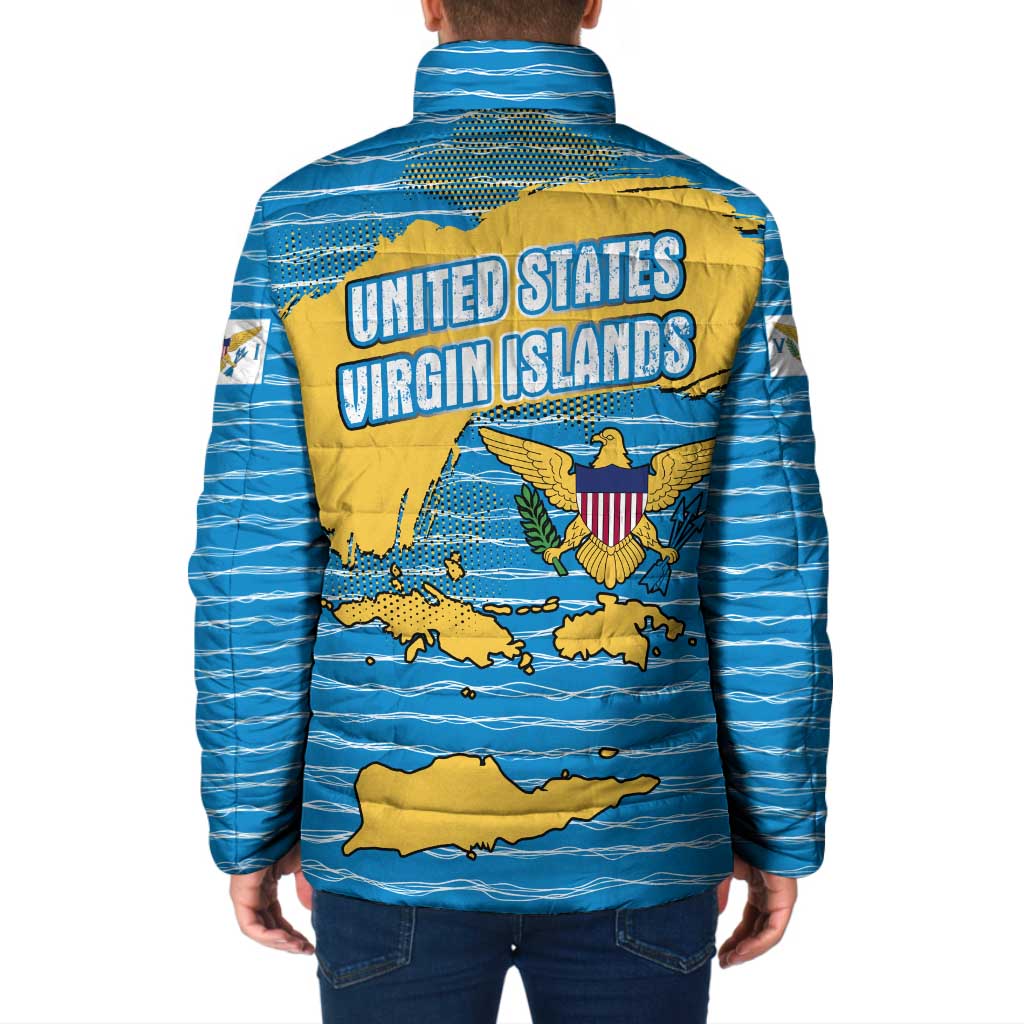 United States Virgin Islands Padded Jacket with Blue Yellow Ocean Design and Eagle Map Pattern - Wonder Print Shop