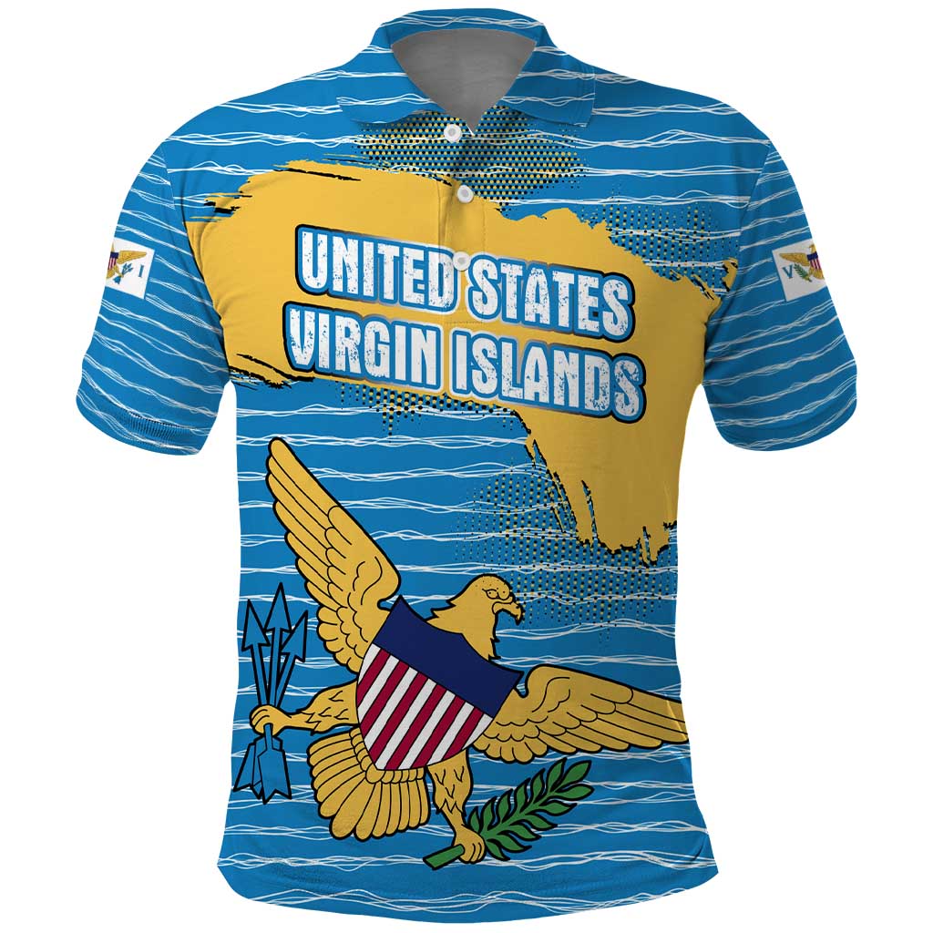 United States Virgin Islands Polo Shirt with Blue Yellow Ocean Design and Eagle Map Pattern - Wonder Print Shop