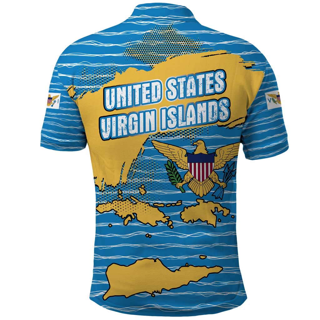 United States Virgin Islands Polo Shirt with Blue Yellow Ocean Design and Eagle Map Pattern - Wonder Print Shop