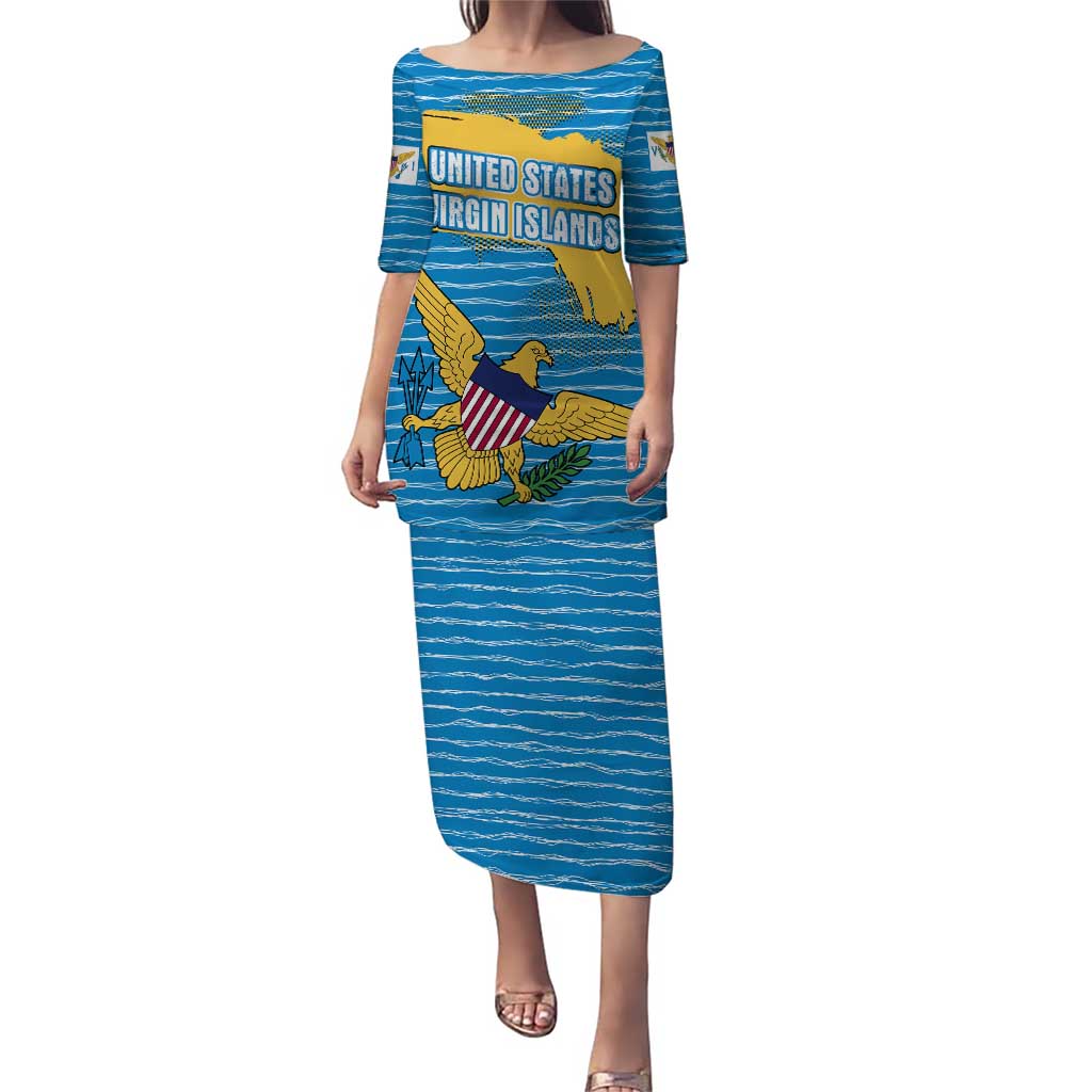 United States Virgin Islands Puletasi with Blue Yellow Ocean Design and Eagle Map Pattern - Wonder Print Shop