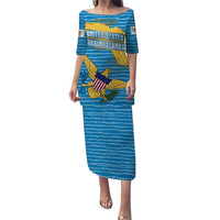 United States Virgin Islands Puletasi with Blue Yellow Ocean Design and Eagle Map Pattern - Wonder Print Shop