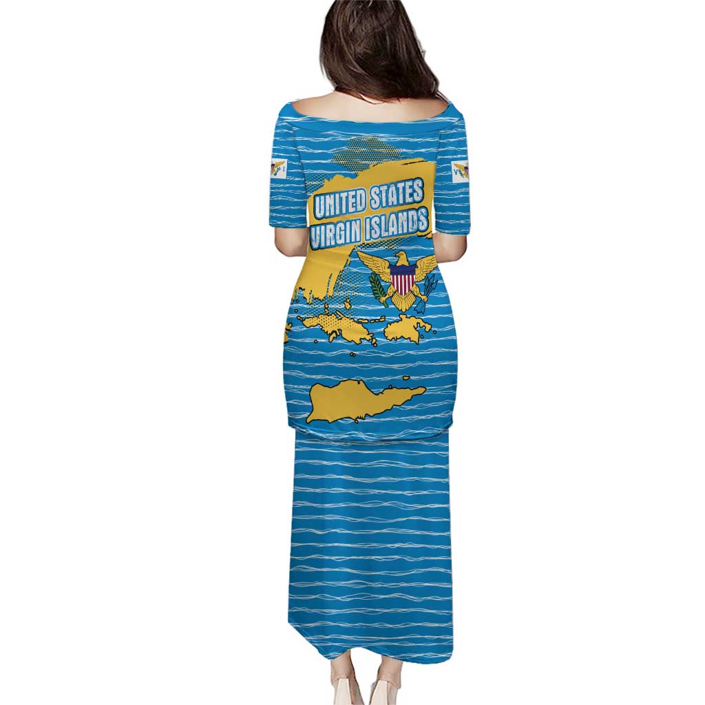 United States Virgin Islands Puletasi with Blue Yellow Ocean Design and Eagle Map Pattern - Wonder Print Shop