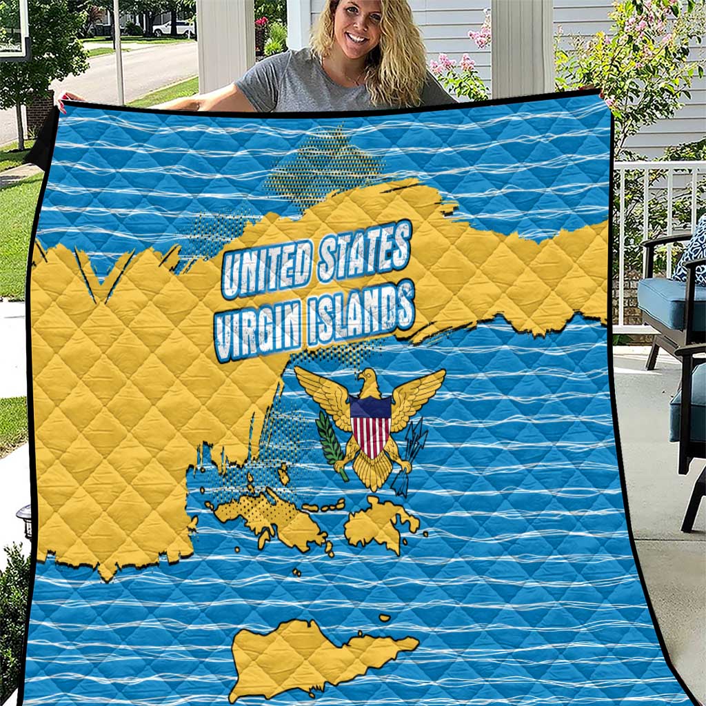 United States Virgin Islands Quilt with Blue Yellow Ocean Design and Eagle Map Pattern - Wonder Print Shop