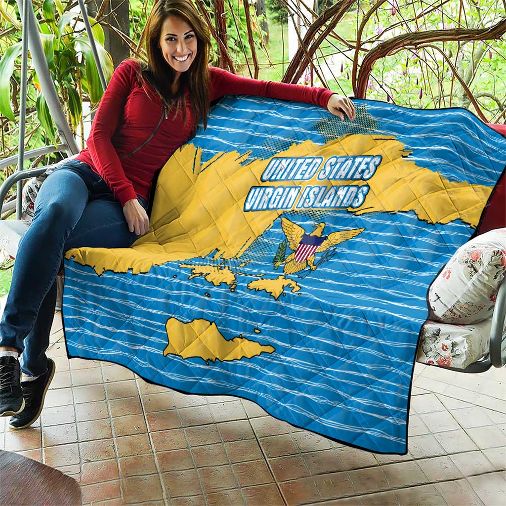 United States Virgin Islands Quilt with Blue Yellow Ocean Design and Eagle Map Pattern - Wonder Print Shop