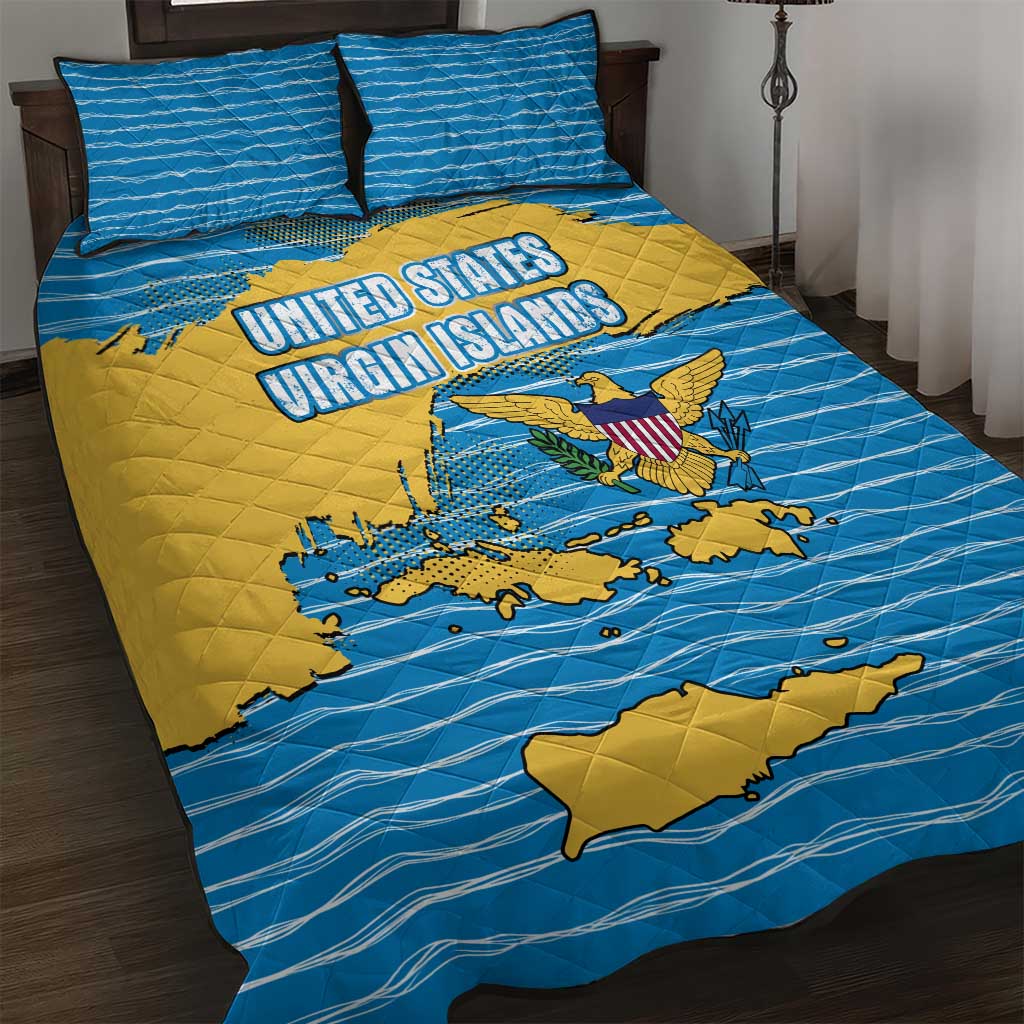 United States Virgin Islands Quilt Bed Set with Blue Yellow Ocean Design and Eagle Map Pattern - Wonder Print Shop