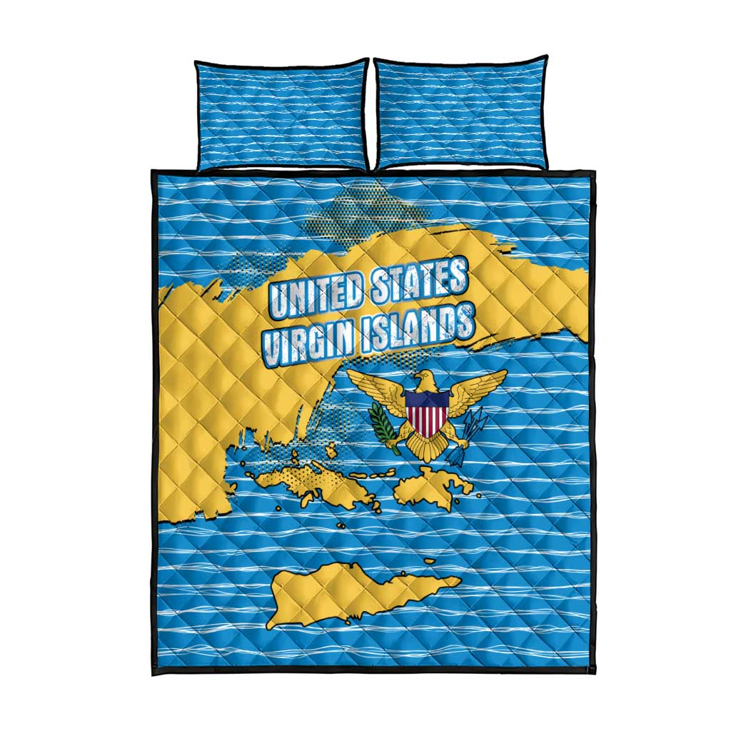 United States Virgin Islands Quilt Bed Set with Blue Yellow Ocean Design and Eagle Map Pattern - Wonder Print Shop