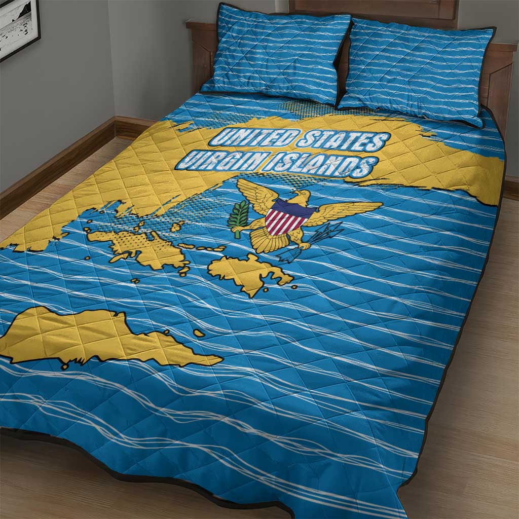 United States Virgin Islands Quilt Bed Set with Blue Yellow Ocean Design and Eagle Map Pattern - Wonder Print Shop