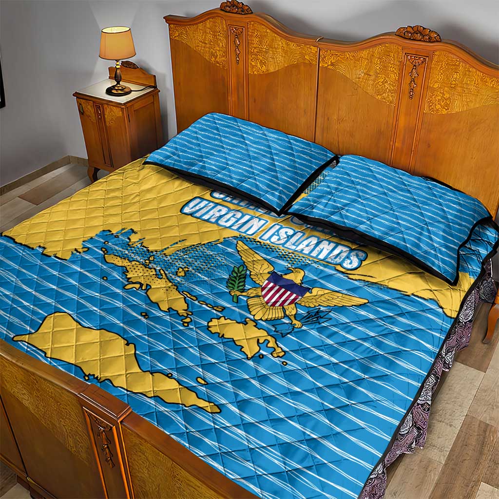 United States Virgin Islands Quilt Bed Set with Blue Yellow Ocean Design and Eagle Map Pattern - Wonder Print Shop