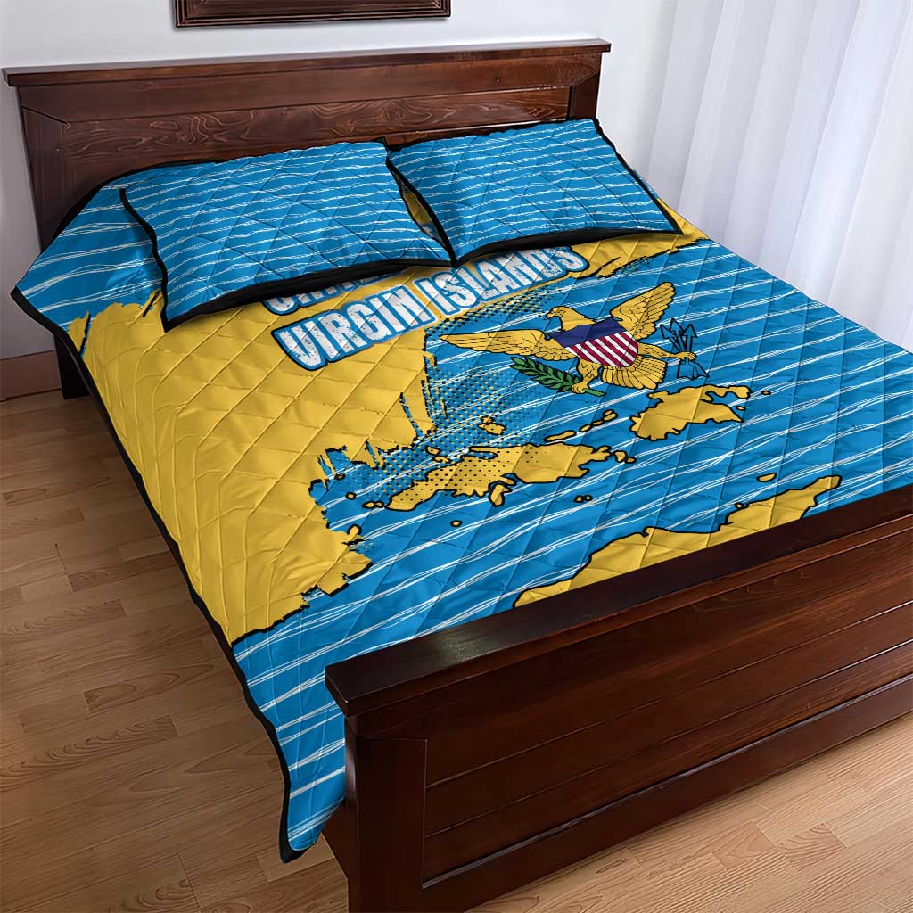 United States Virgin Islands Quilt Bed Set with Blue Yellow Ocean Design and Eagle Map Pattern - Wonder Print Shop