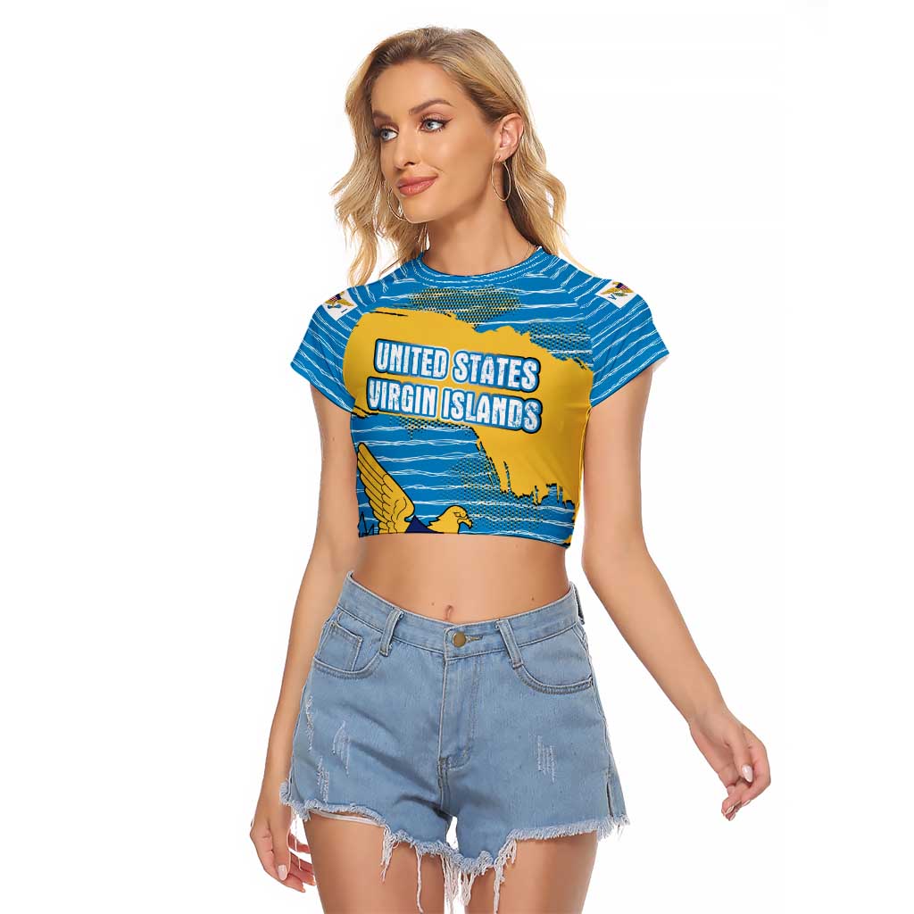 United States Virgin Islands Raglan Cropped T Shirt with Blue Yellow Ocean Design and Eagle Map Pattern - Wonder Print Shop