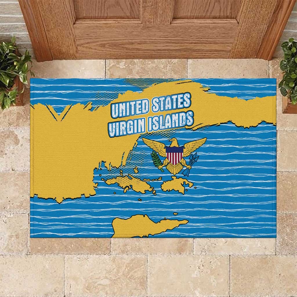 United States Virgin Islands Rubber Doormat with Blue Yellow Ocean Design and Eagle Map Pattern - Wonder Print Shop