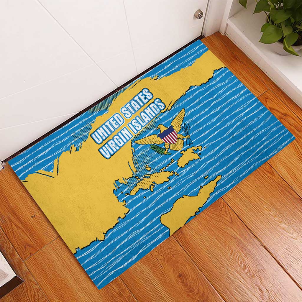 United States Virgin Islands Rubber Doormat with Blue Yellow Ocean Design and Eagle Map Pattern - Wonder Print Shop