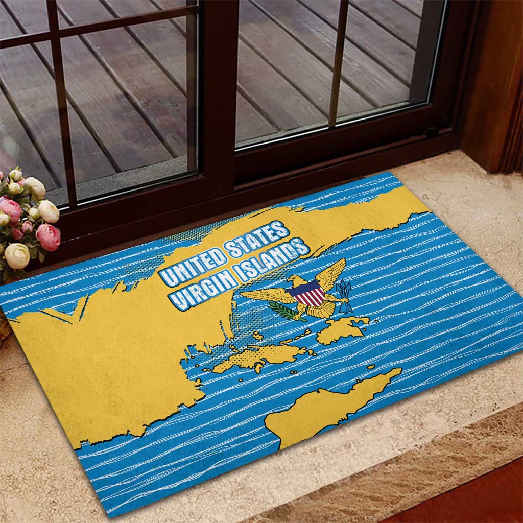 United States Virgin Islands Rubber Doormat with Blue Yellow Ocean Design and Eagle Map Pattern - Wonder Print Shop
