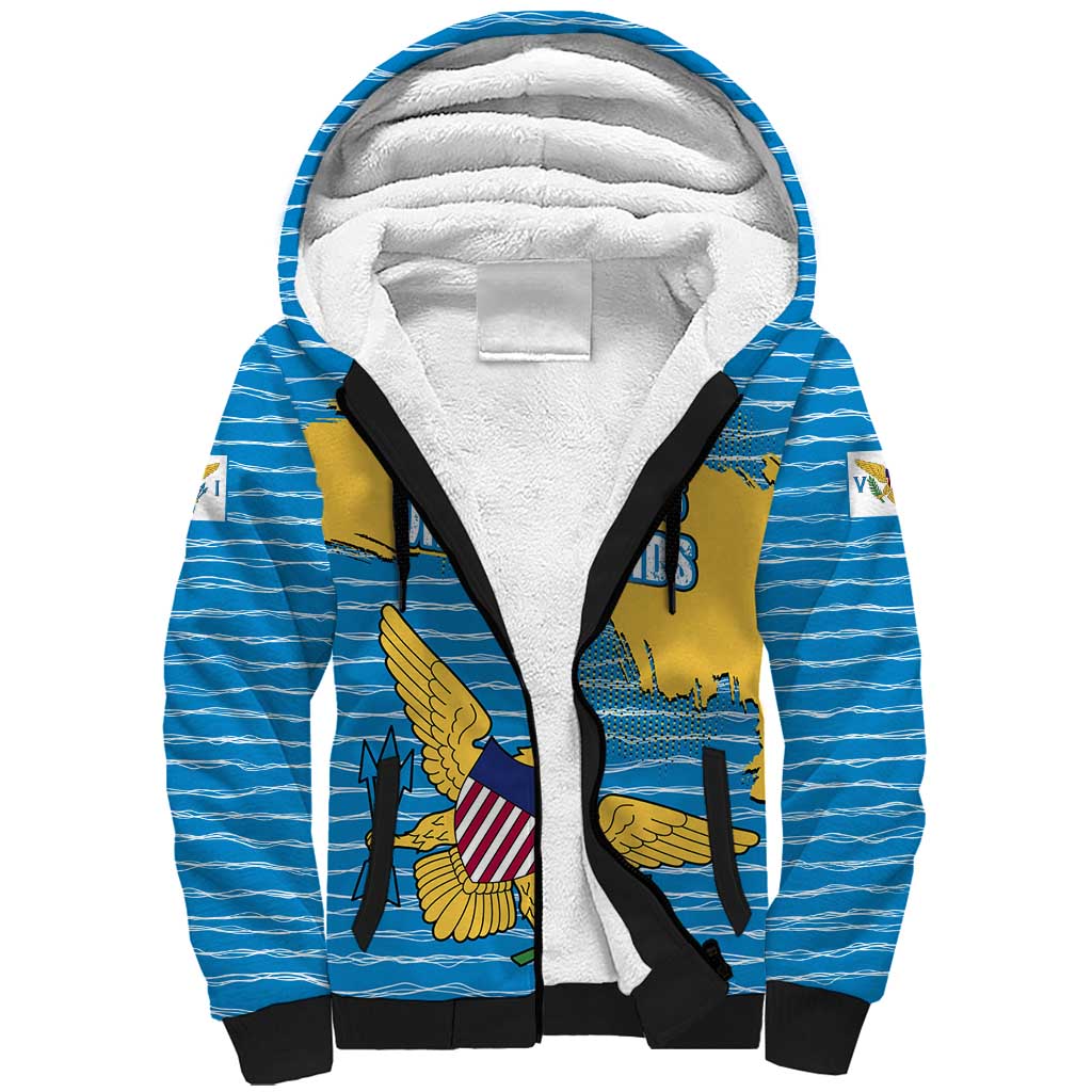 United States Virgin Islands Sherpa Hoodie with Blue Yellow Ocean Design and Eagle Map Pattern - Wonder Print Shop