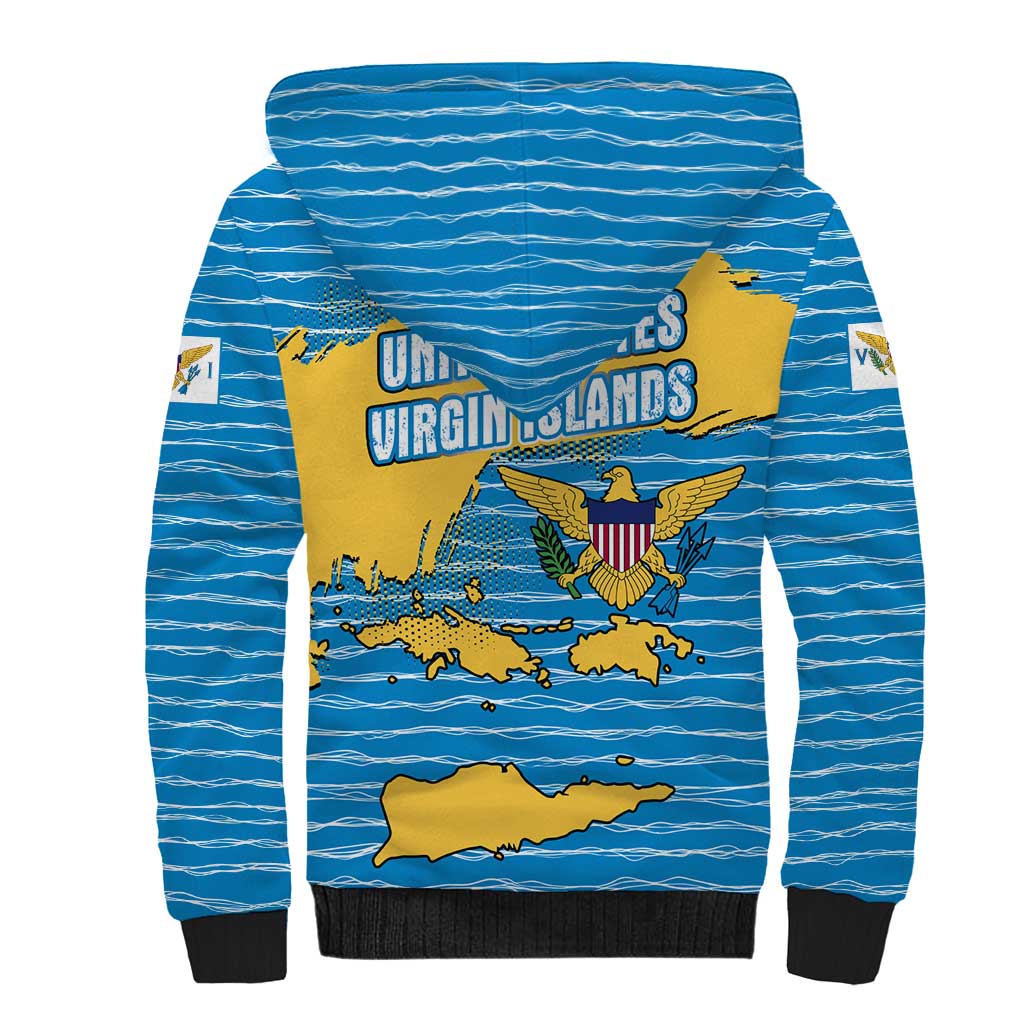 United States Virgin Islands Sherpa Hoodie with Blue Yellow Ocean Design and Eagle Map Pattern - Wonder Print Shop