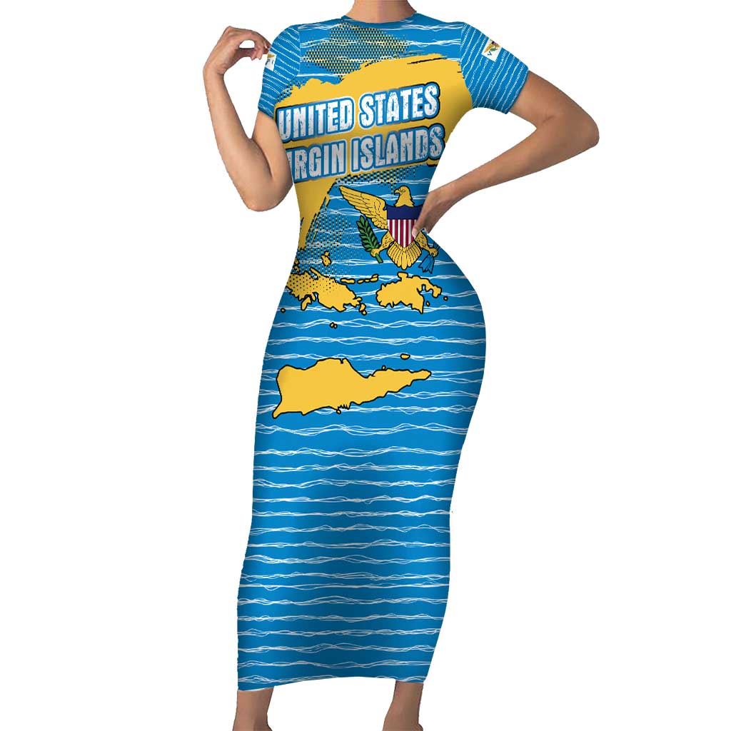 United States Virgin Islands Short Sleeve Bodycon Dress with Blue Yellow Ocean Design and Eagle Map Pattern - Wonder Print Shop