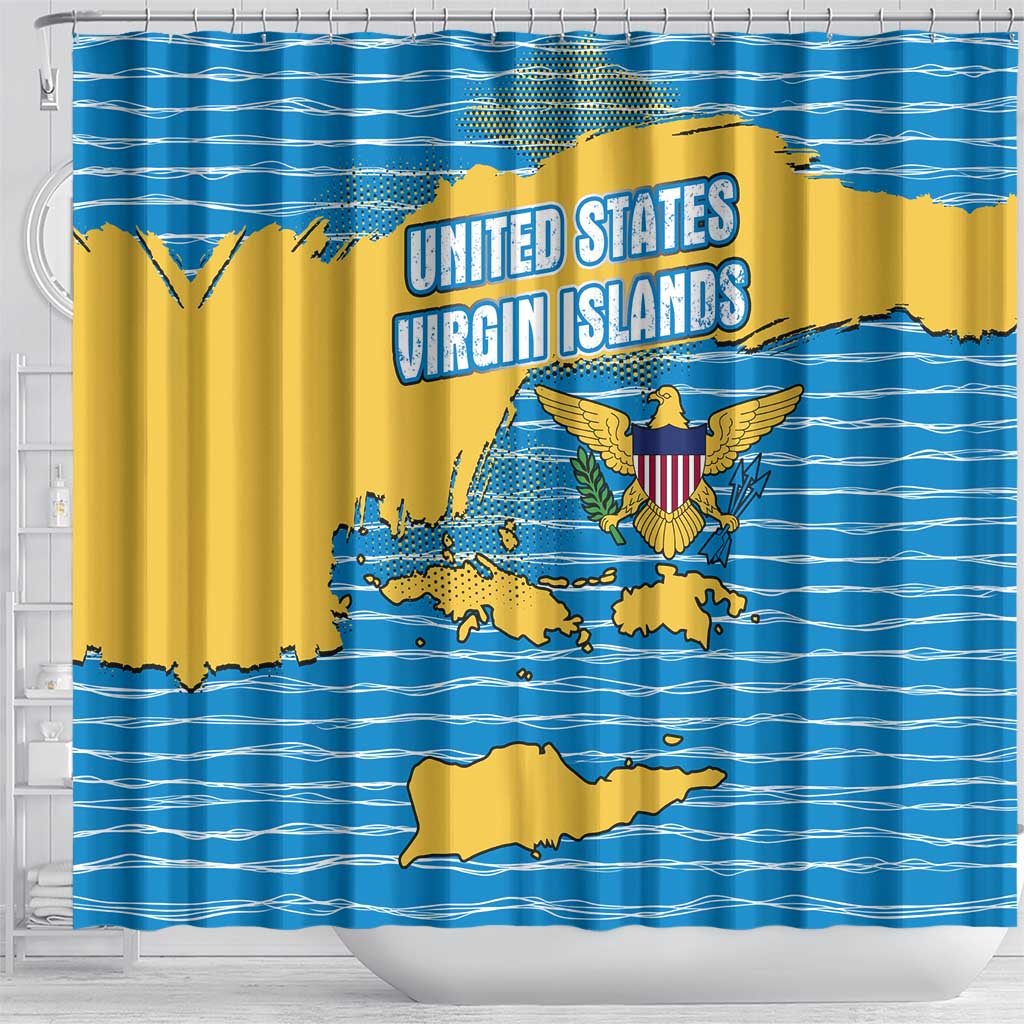 United States Virgin Islands Shower Curtain with Blue Yellow Ocean Design and Eagle Map Pattern - Wonder Print Shop
