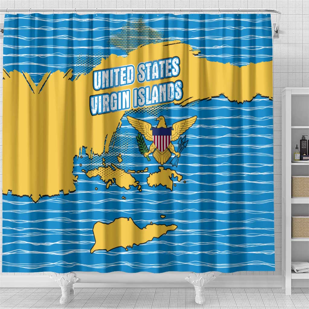 United States Virgin Islands Shower Curtain with Blue Yellow Ocean Design and Eagle Map Pattern - Wonder Print Shop