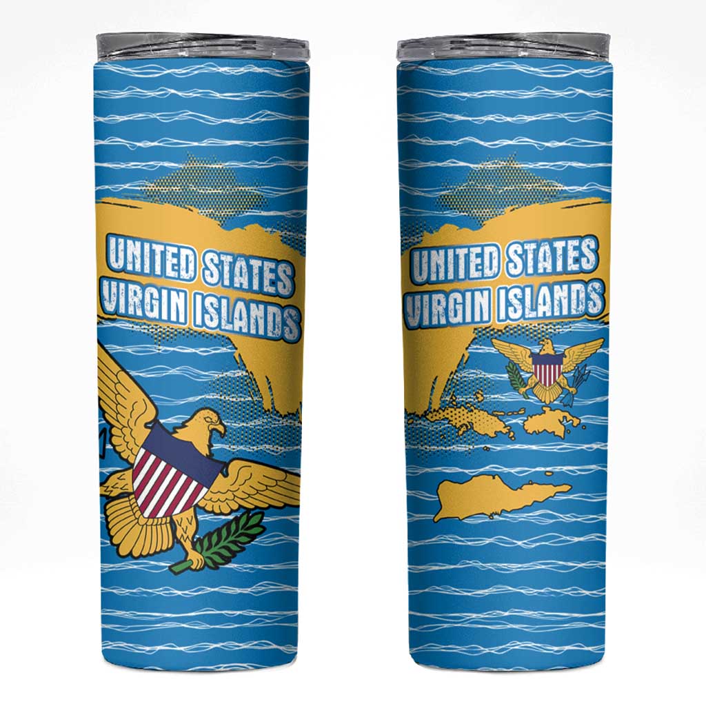 United States Virgin Islands Skinny Tumbler with Blue Yellow Ocean Design and Eagle Map Pattern - Wonder Print Shop