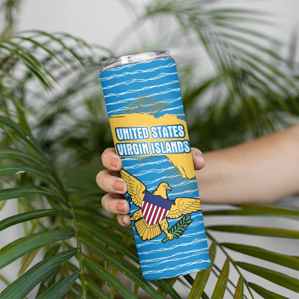United States Virgin Islands Skinny Tumbler with Blue Yellow Ocean Design and Eagle Map Pattern - Wonder Print Shop