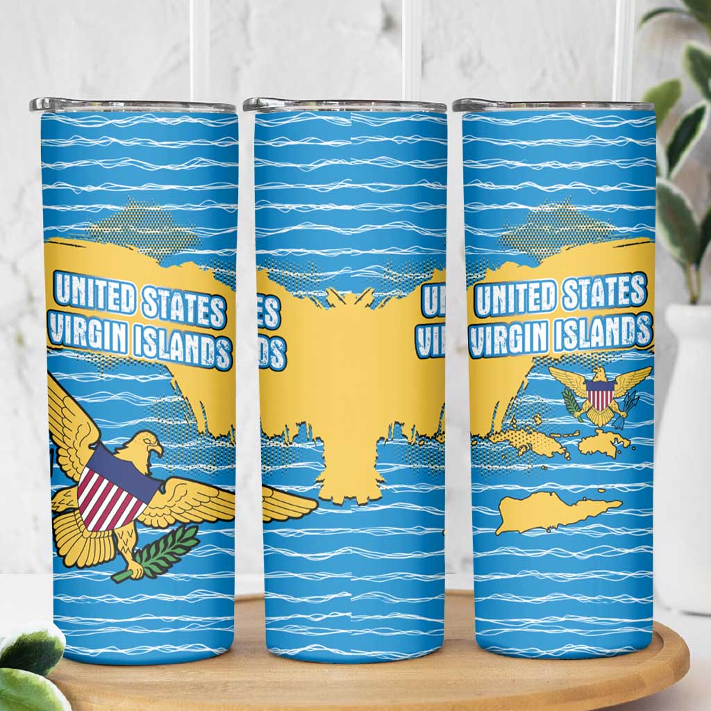United States Virgin Islands Skinny Tumbler with Blue Yellow Ocean Design and Eagle Map Pattern - Wonder Print Shop