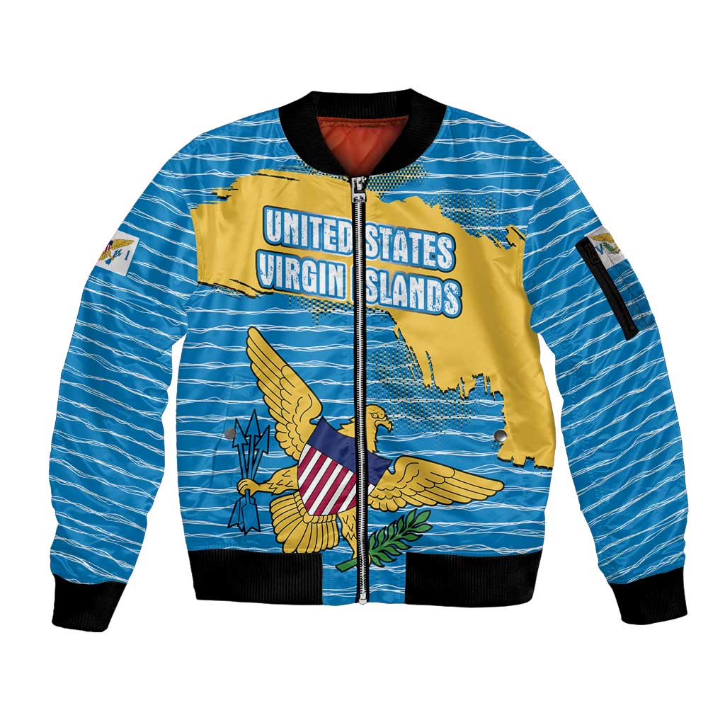 United States Virgin Islands Sleeve Zip Bomber Jacket with Blue Yellow Ocean Design and Eagle Map Pattern - Wonder Print Shop